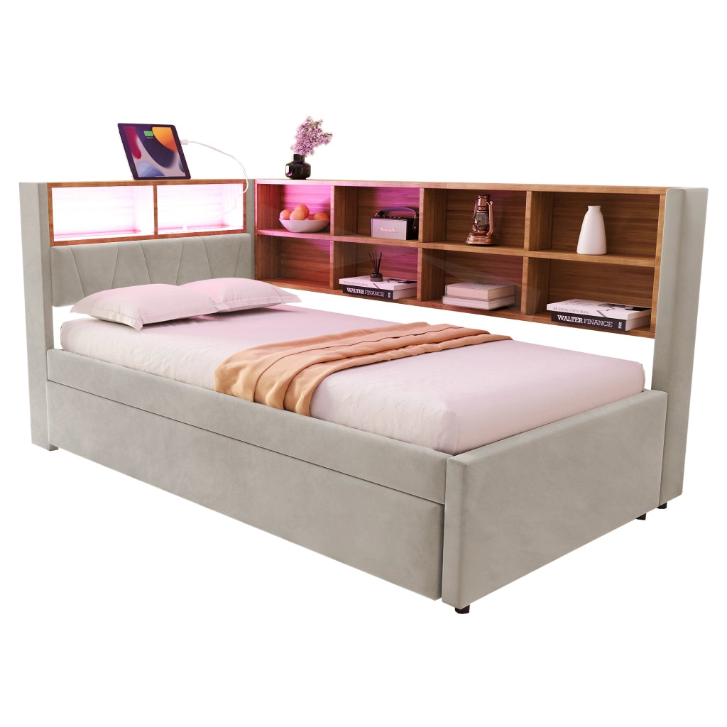 Divano letto multifunzionale 90x200 cm con letto estraibile 90x190 cm, luci LED, prese multimediali, vani contenitore, flanella, grigio chiaro
