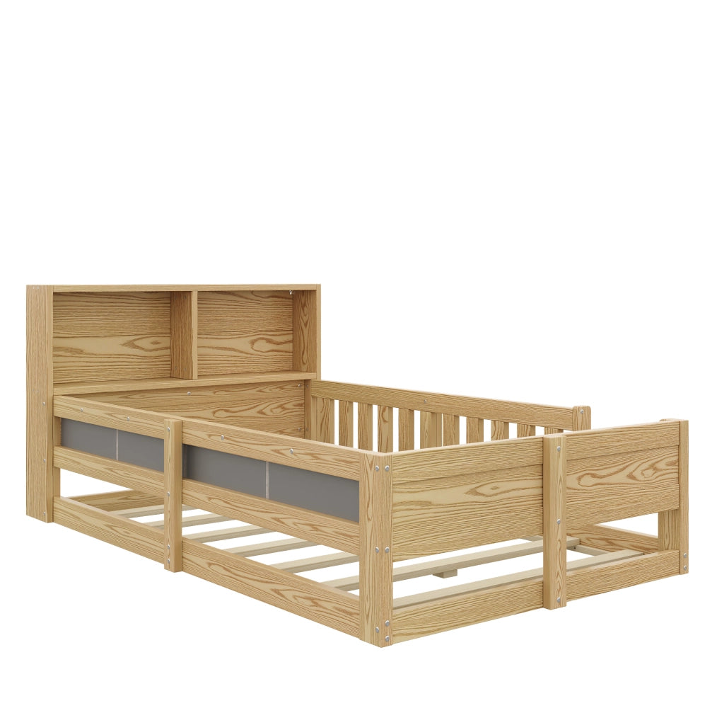 Letto per bambini 90x200 cm con sponde; testiera con spazio contenitore e luci LED; naturale