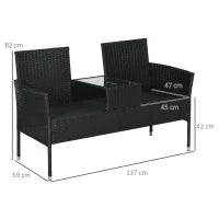Divanetto per Esterni 2 Posti con Tavolino da Caffè, in Acciaio e Rattan PE, 137x59x82 cm, Nero