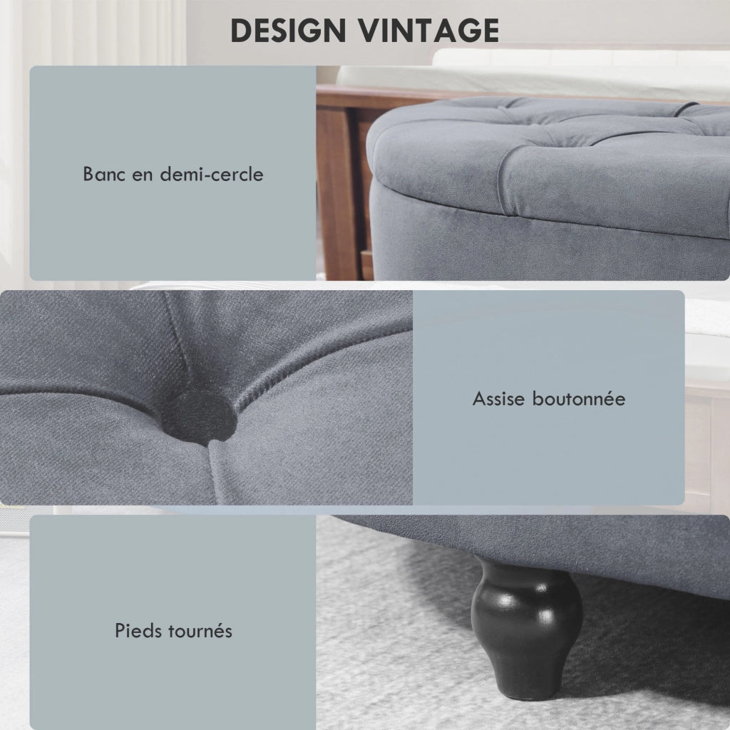 Pouf Contenitore 2 in 1 Capitonnato ¨C Zephmum ¨C Semicerchio in Velluto Blu con Piedi in Legno