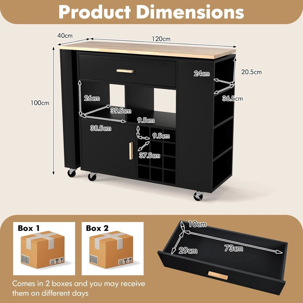 Carrello da cucina 2 in 1 con forma convertibile, isola di cucina, con ruote e spazio di archiviazione, cassetto, portabottiglie e ripiano regolabile, mobile per sala da pranzo (nero)
