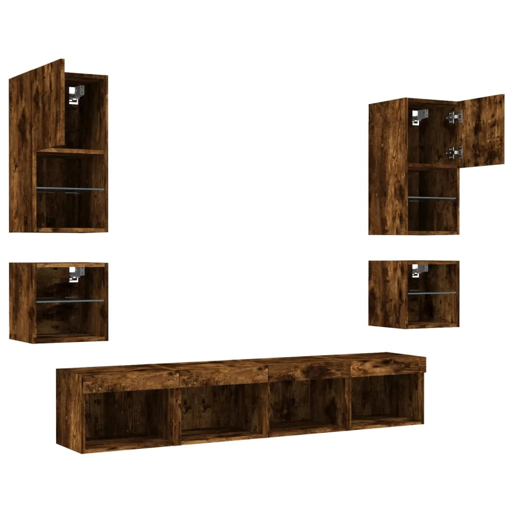 Mobile TV multimediale scaffale TV credenza mobile TV sala da pranzo soggiorno camera da letto con illuminazione a LED 8 pezzi rovere affumicato legno ingegnerizzato marrone 02_0029480