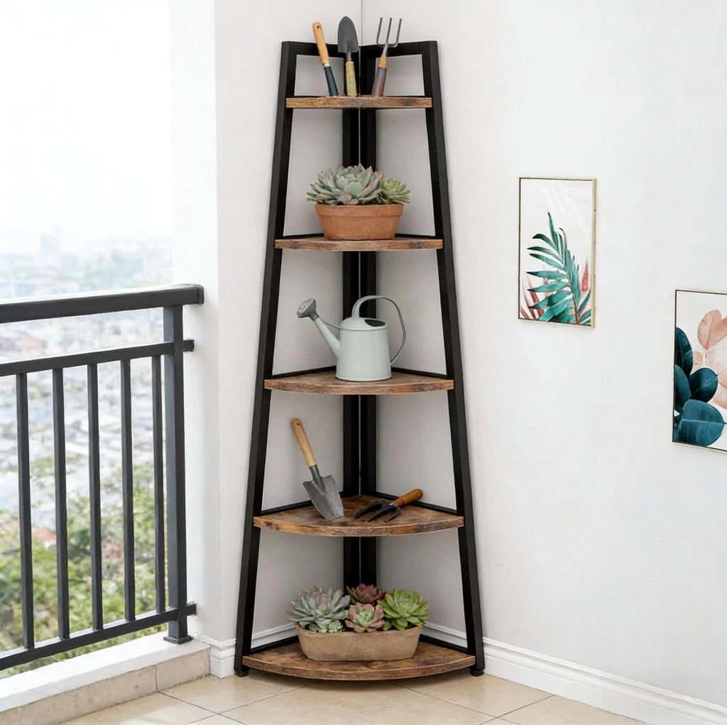 Scaffale angolare a 5 ripiani multipiano per libri e piante, struttura in legno e metallo