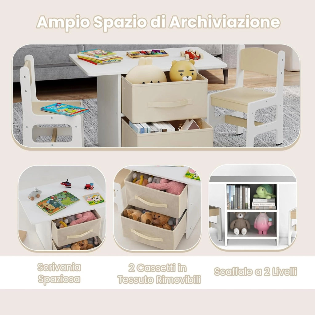Set Tavolo e Sedie per Bambini 1-7 Anni, Tavolino in Materiale Atossico e Indore con 2 Sedie Ergonomiche con Schienale, Angoli Arrotondati, Ideale per Giocare, Disegnare e Leggere (Beige)