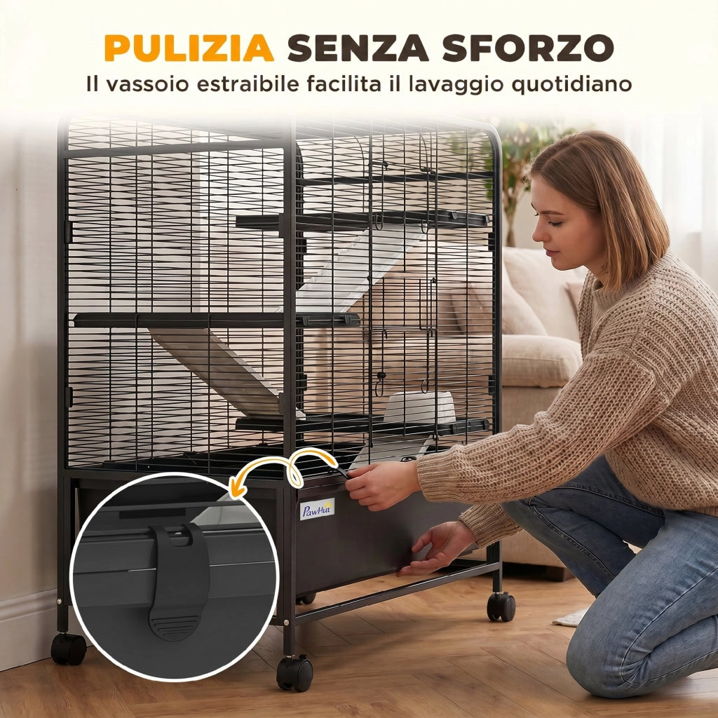 Gabbia per Conigli 4 Livelli ¨C zephmum ¨C Acciaio Nero con Ruote e Vassoio Rimovibile