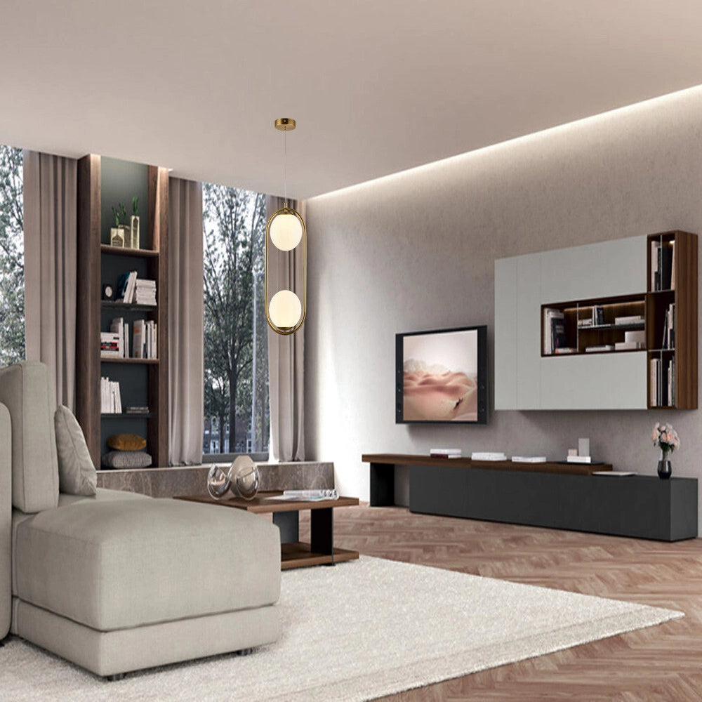 Trade Shop - Lampadario Sospensione Ovale Bronzo Con Due Sfere In Vetro Metallo Lampada Attacco G9 A33 -