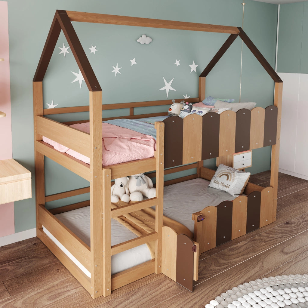 LETTO A CASTELLO per bambini 90x200 cm design casetta legno naturale