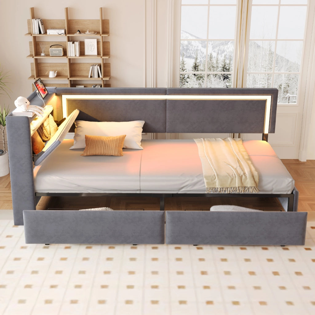 DESMIU Letto divano 90 × 200 cm 1 posto con LED, USB e vani contenitore, senza materasso, in velluto grigio
