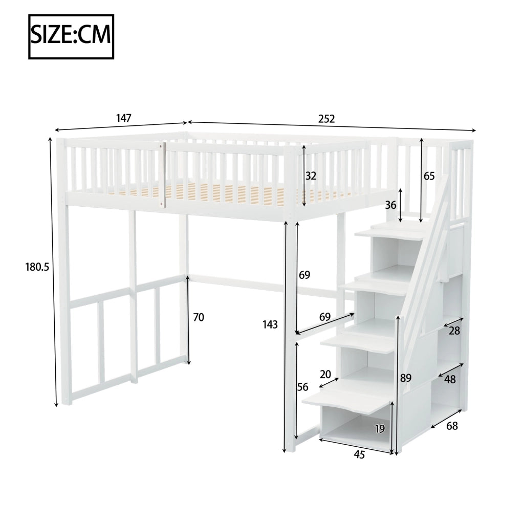 DESMIU Letto a soppalco 2 posti con scala contenitore e barriere di sicurezza 140 × 200 cm, senza materasso, bianco