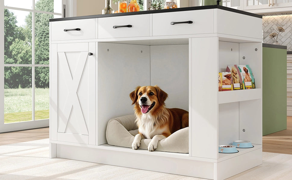 Carrello da cucina con 3 cassetti, vano per animali domestici e ripiano regolabile, bianco