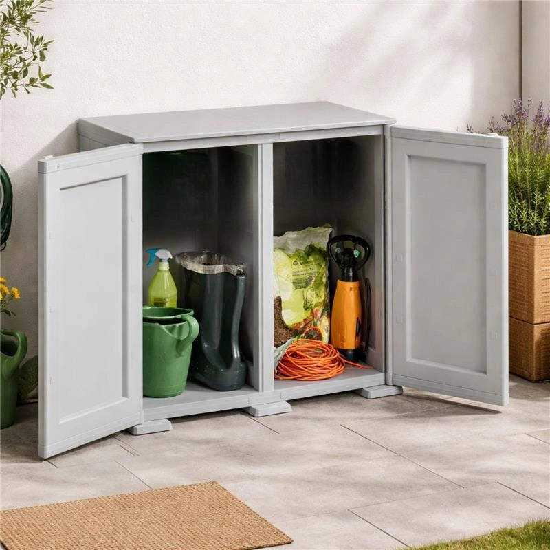 ARMADIO BASSO  79X43X85.5 CM 2 ANTE GRIGIO OMNIMODUS SIMPLEX – MOBILE CONTENITORE COMPATTO PER LAVANDERIA, GARAGE E BALCONE