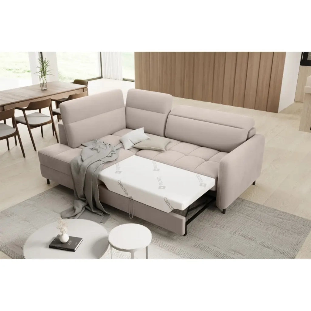Divano angolare sinistro convertibile BARNEA 208 cm crema con contenitore