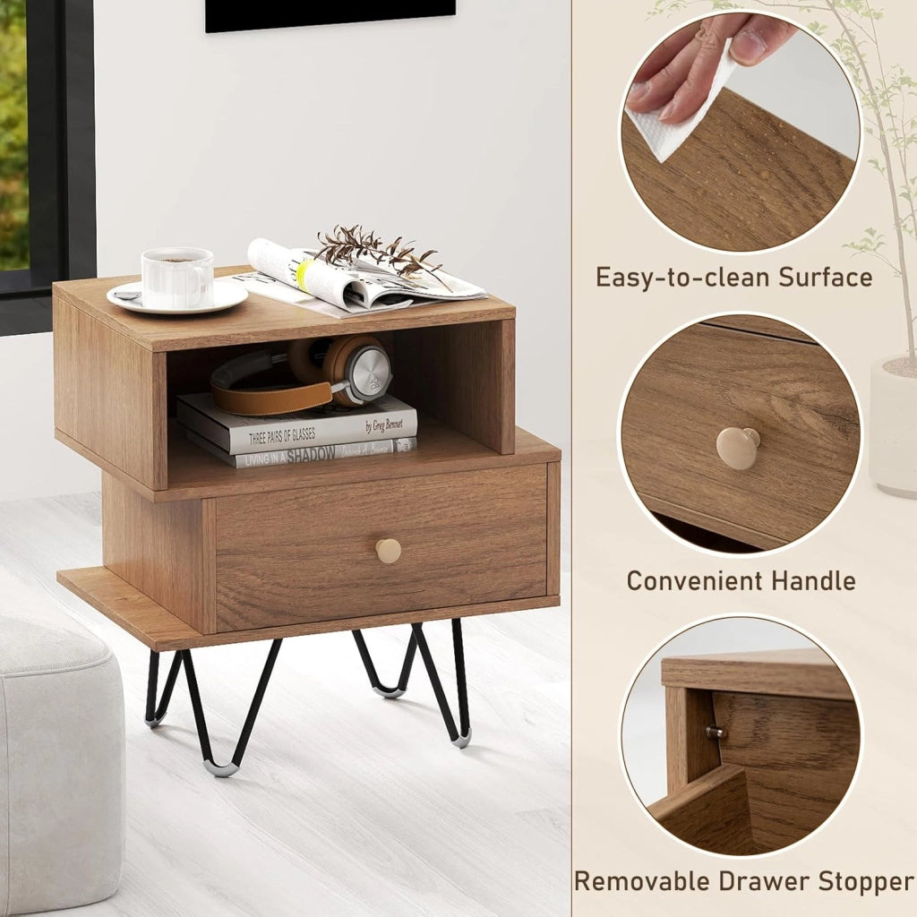 Set di 2 Comodini, Tavolini da Letto in Stile Moderno con Cassetto Rimovibile e Scomparto Aperto, Tavolini da Accento con Gambe in Metallo per Camera da Letto (Naturale)