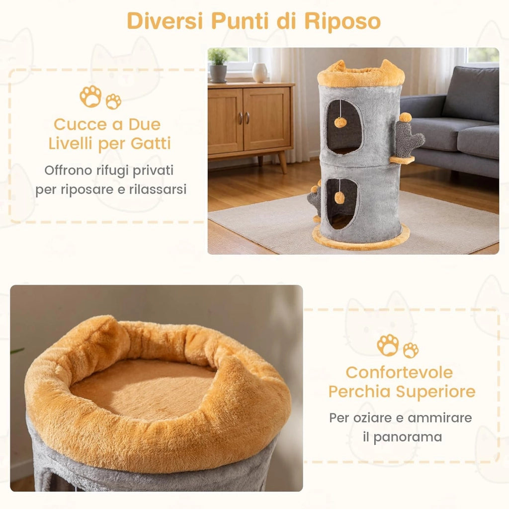 Cuccia per Gatti a 2 Piani, Albero per Gatti con 2 Comode Casette, 2 Palline Pendenti in Peluche, Piattaforma Imbottita in Peluche, Mobile Grotta per Gatti, Nascondiglio a Forma di Barile