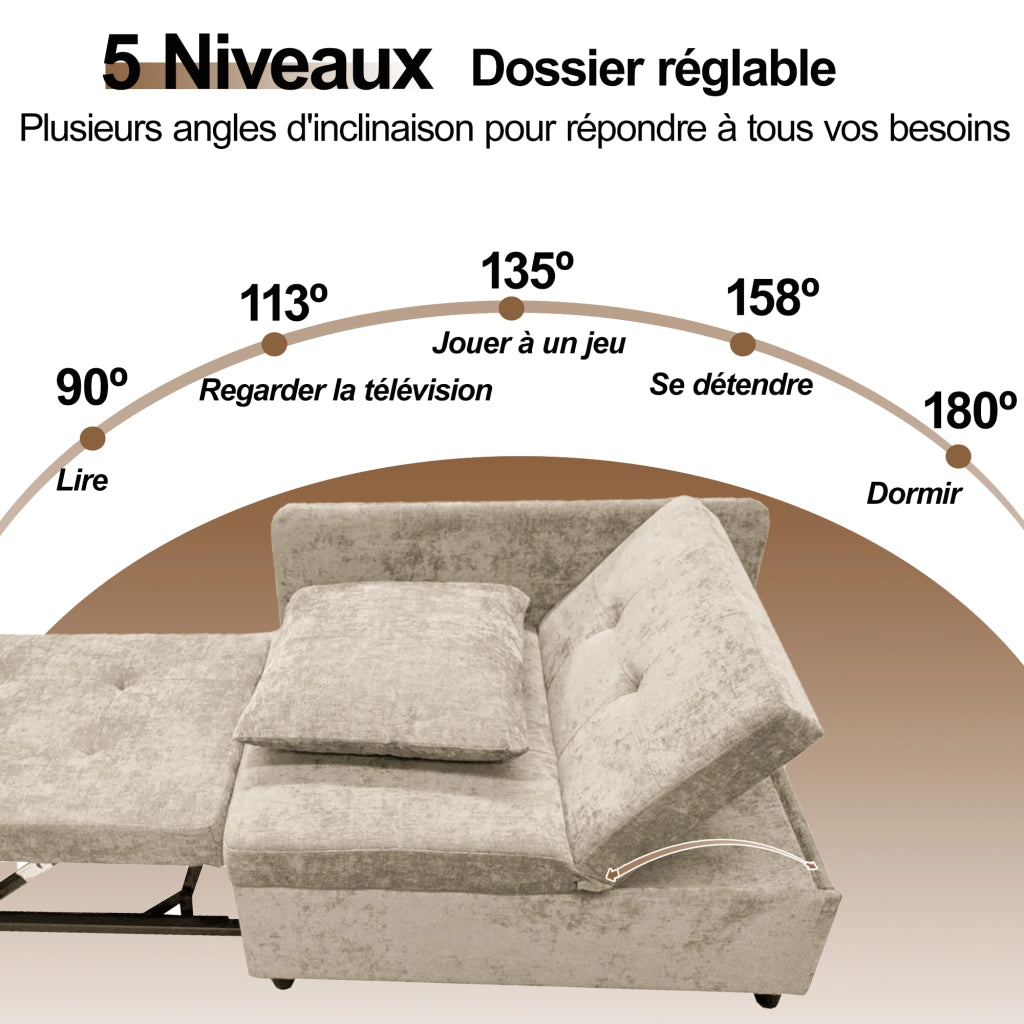 Divano Letto 3 in 1 con Schienale Regolabile in 5 Posizioni e Cuscino; in Tessuto di Lino Imbottito; Beige; 177 × 68 × 65 cm