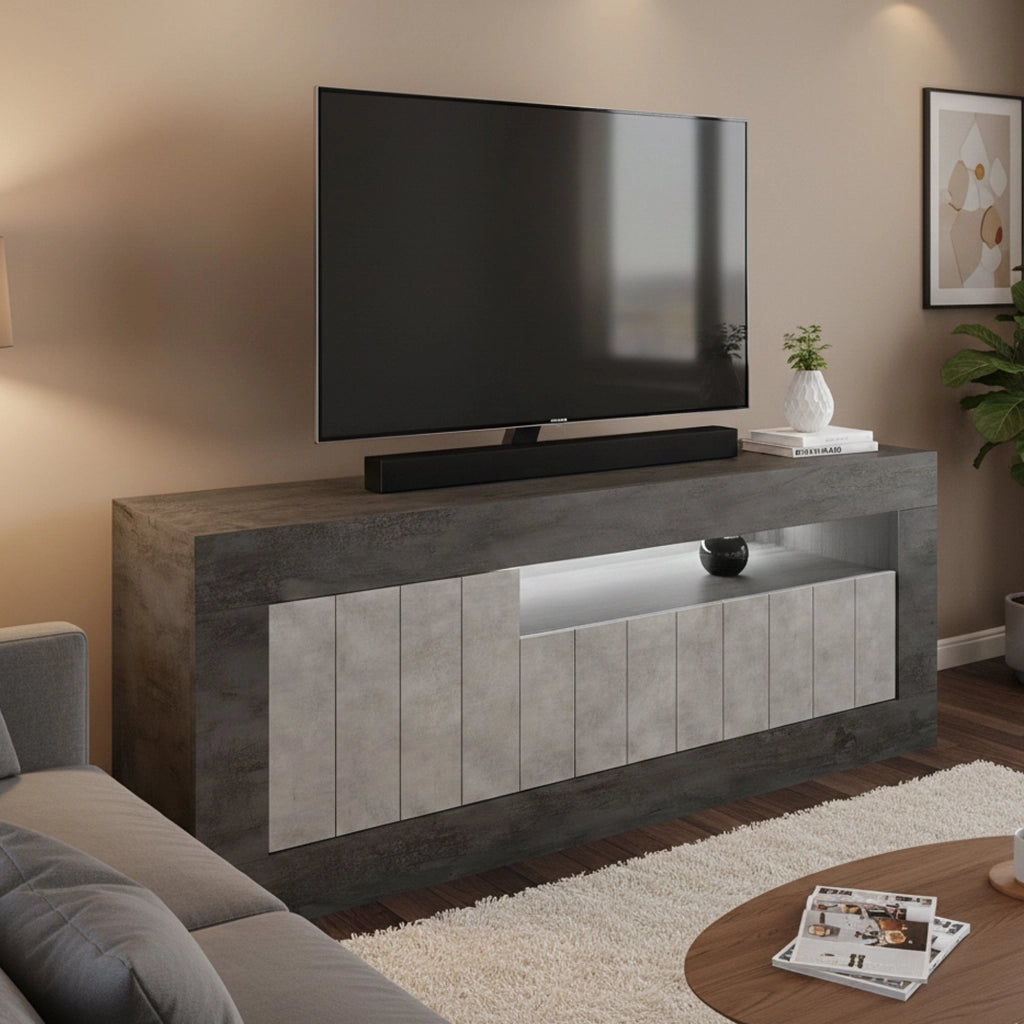 Mobile porta TV Iole, Credenza da soggiorno, Armadio basso per TV, Base parete attrezzata, Made in Italy, 138x42 h56 cm, Ardesia e Cemento