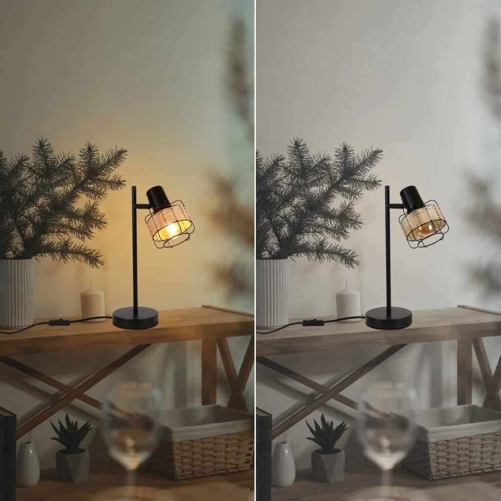 ZMH Lampada da tavolo rattan bambù boho rustico girevole E27 interruttore retrò per soggiorno camera