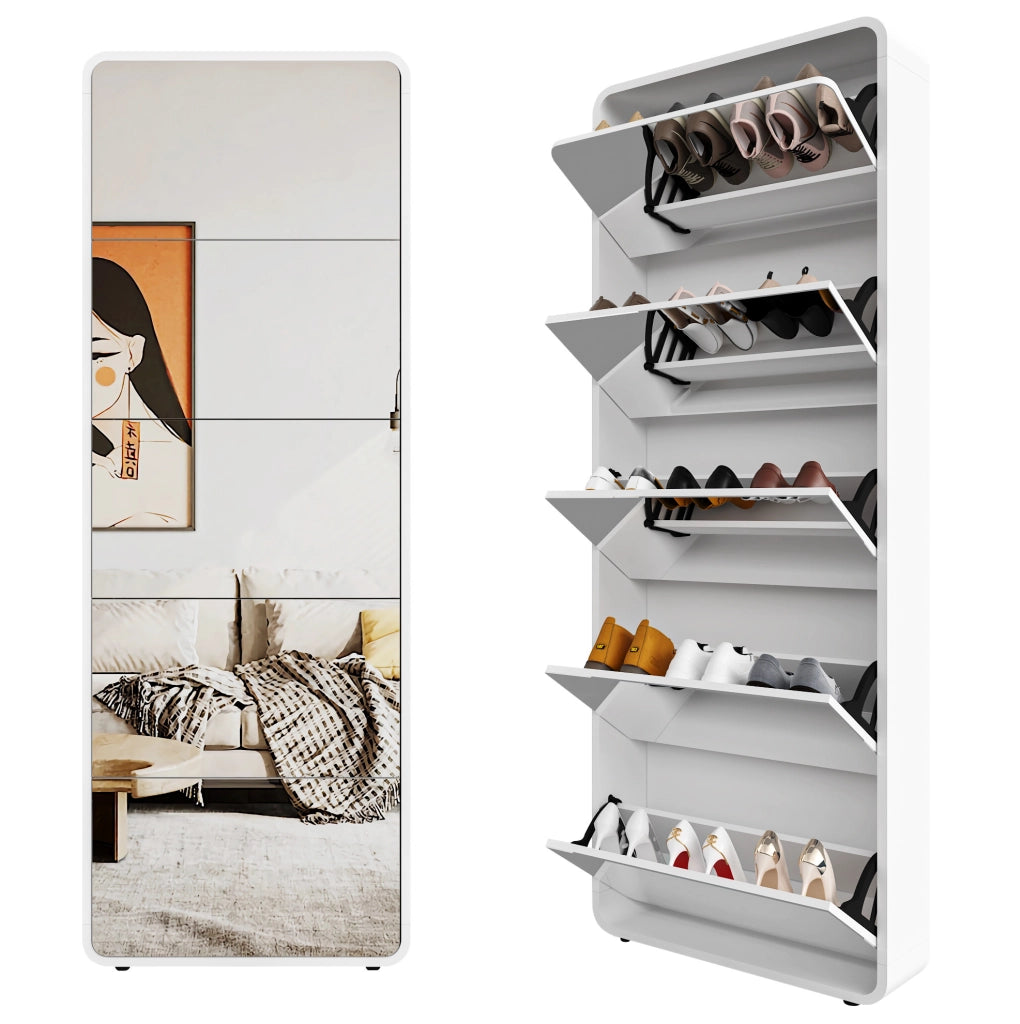 Scarpiera a ribalta con specchio a figura intera; 63×19;6×176;5 cm; MDF bianco