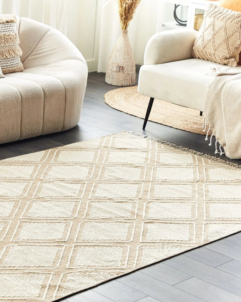 Tappeto in cotone bianco beige 160 x 230 cm motivo geometrico nappe tribali orientali