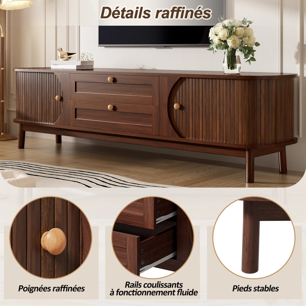 OKWISH Mobile TV con Ante Scorrevoli e Cassetti, Gambe in Legno, per Soggiorno, MDF, Noce, 170 x 39,5 x 46 cm