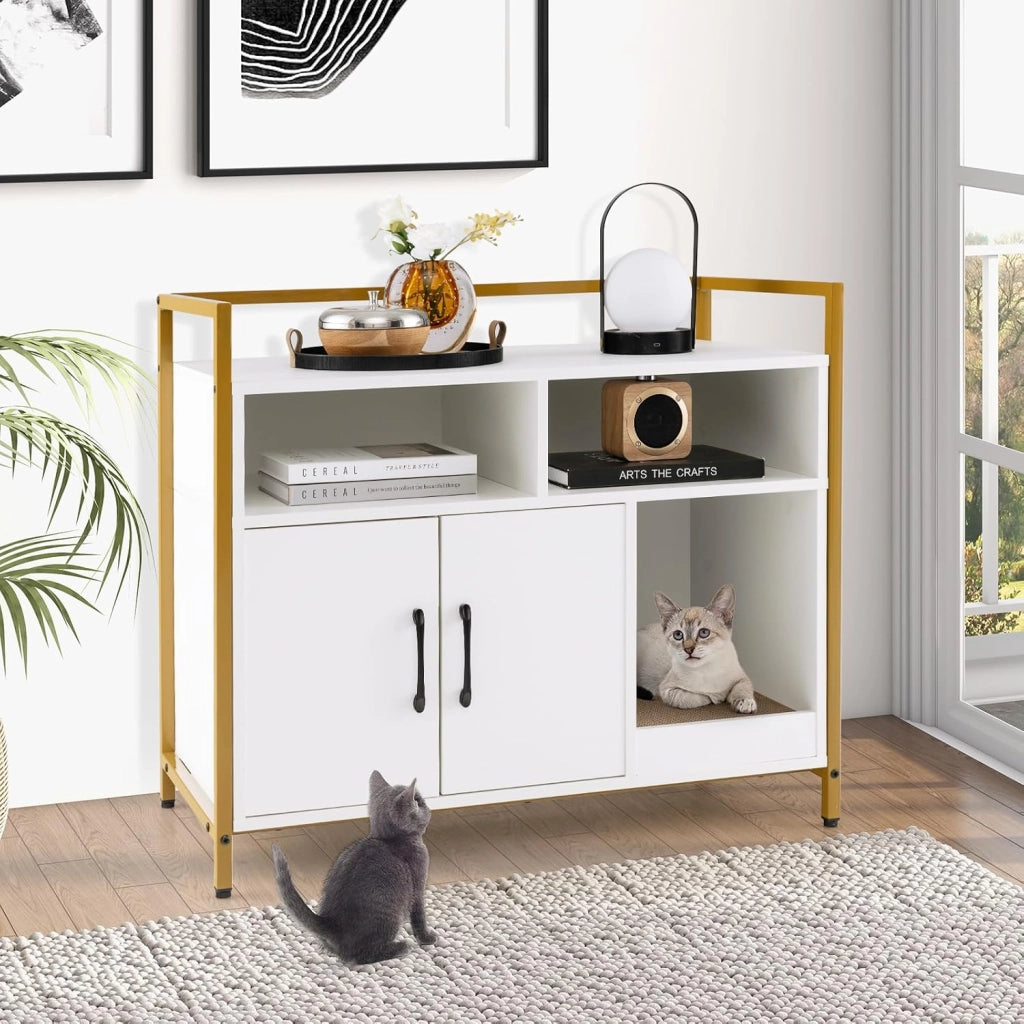 Mobile per Lettiera Gatti con Ripiani Aperti e Ripiani Chiusi con Maniglie, Mobiletto Multiuso in Legno e Metallo, Ideale per Ingresso e Soggiorno, Portata 50 kg (Bianco)