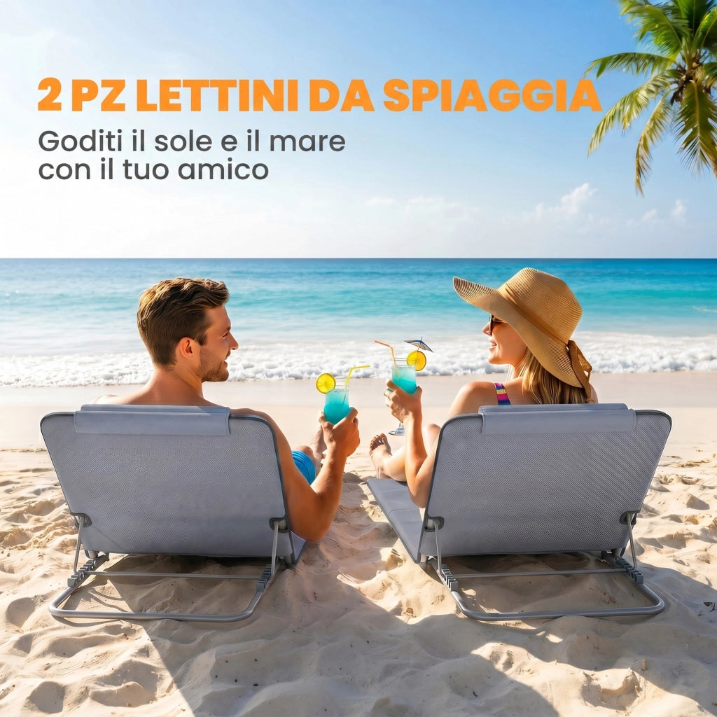 Sdraio da Spiaggia Pieghevole 2 Pezzi con Schienale Regolabile ¨C zephmum ¨C Grigio Acciaio PE 134x48x33-43 cm