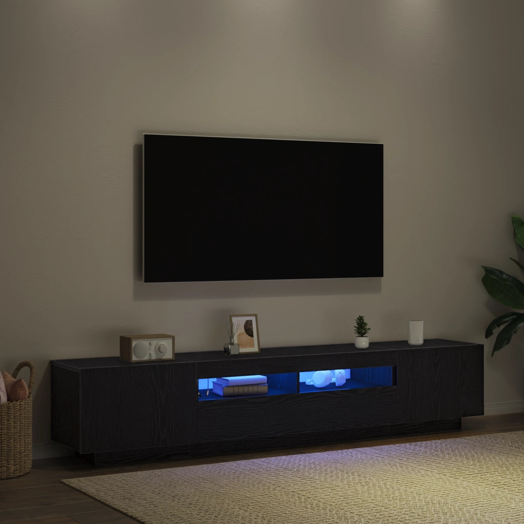 Mobile TV  con luci LED, nero Rovere, 200x35x40 cm, in legno ingegnerizzato