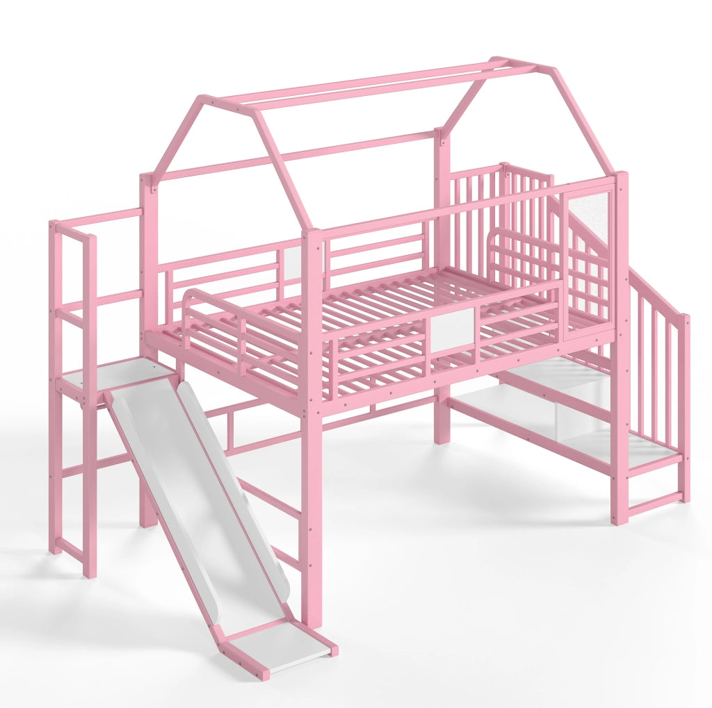 Letto a soppalco ULEVR 140x200 cm a casetta con scivolo, scala con ripiani, LED Bluetooth e barra appendiabiti, rosa