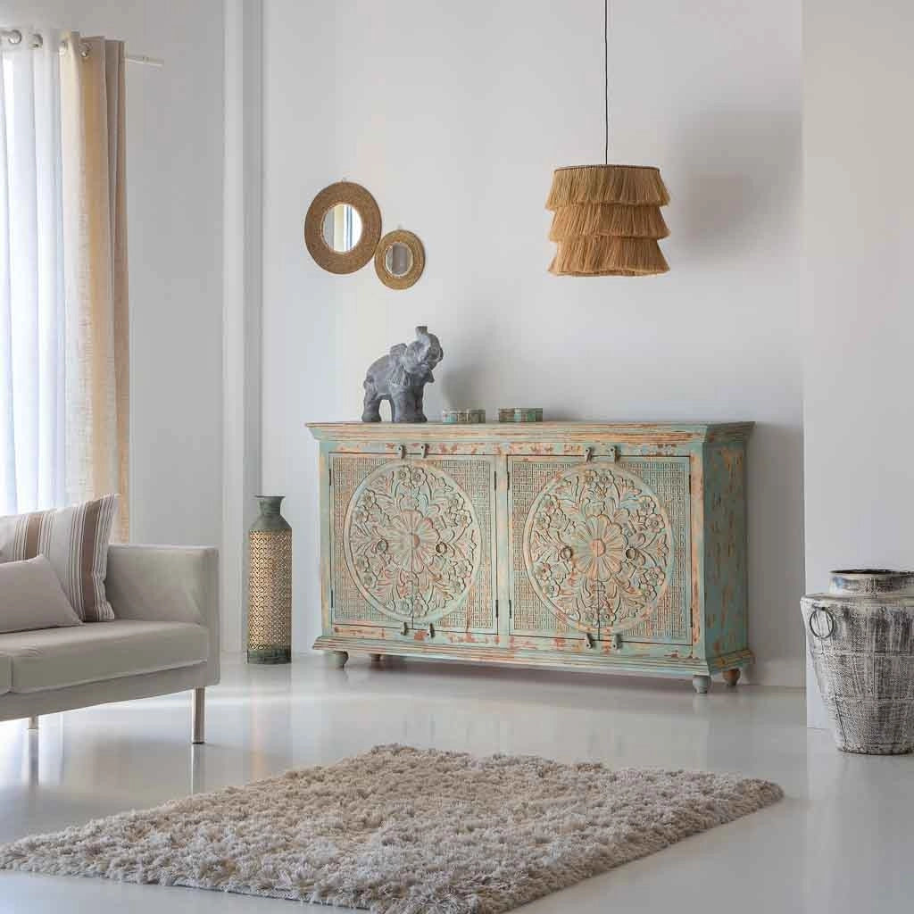 Credenza a 4 ante in legno con finitura verde anticato, cm 180x42x101h