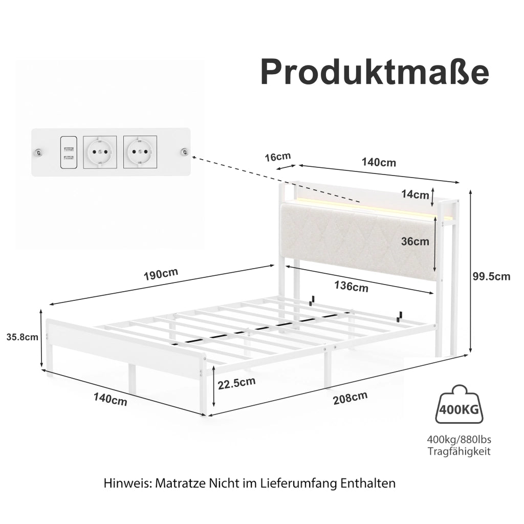 LETTO imbottito 140x190 cm bianco con testiera LED e USB