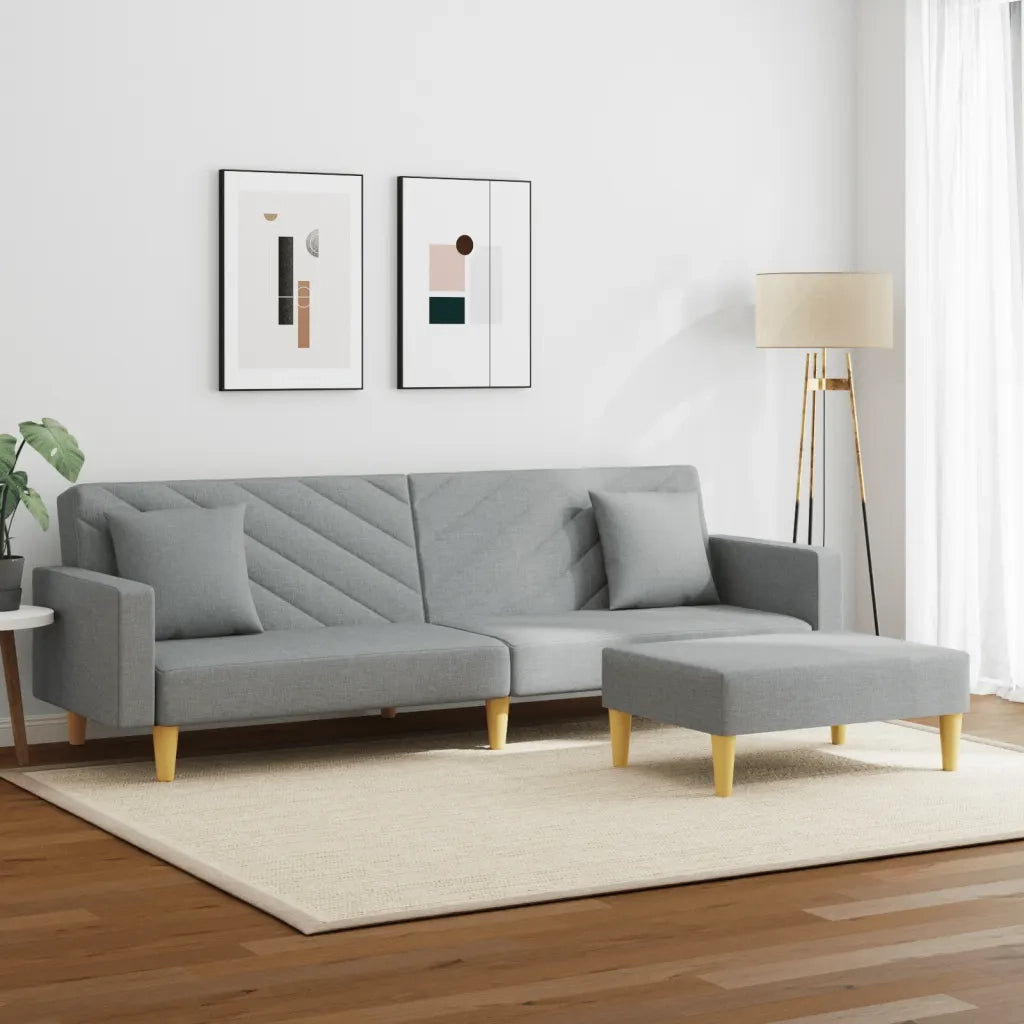 Divano Letto 2Posti Cuscini e Poggiapiedi Grigio Chiaro Tessuto