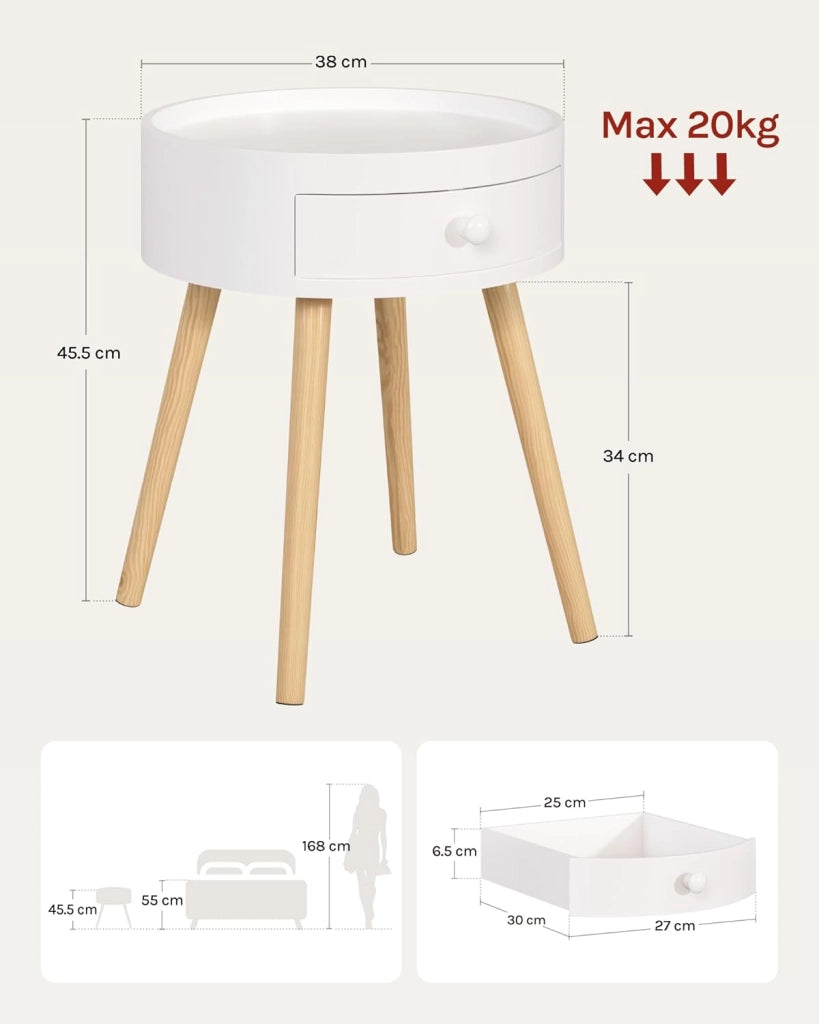 Set di 2 Comodini per Camera da Letto Comodino Rotondo con Cassetto Tavolino da Salotto in Legno Bianco TS111ws-2