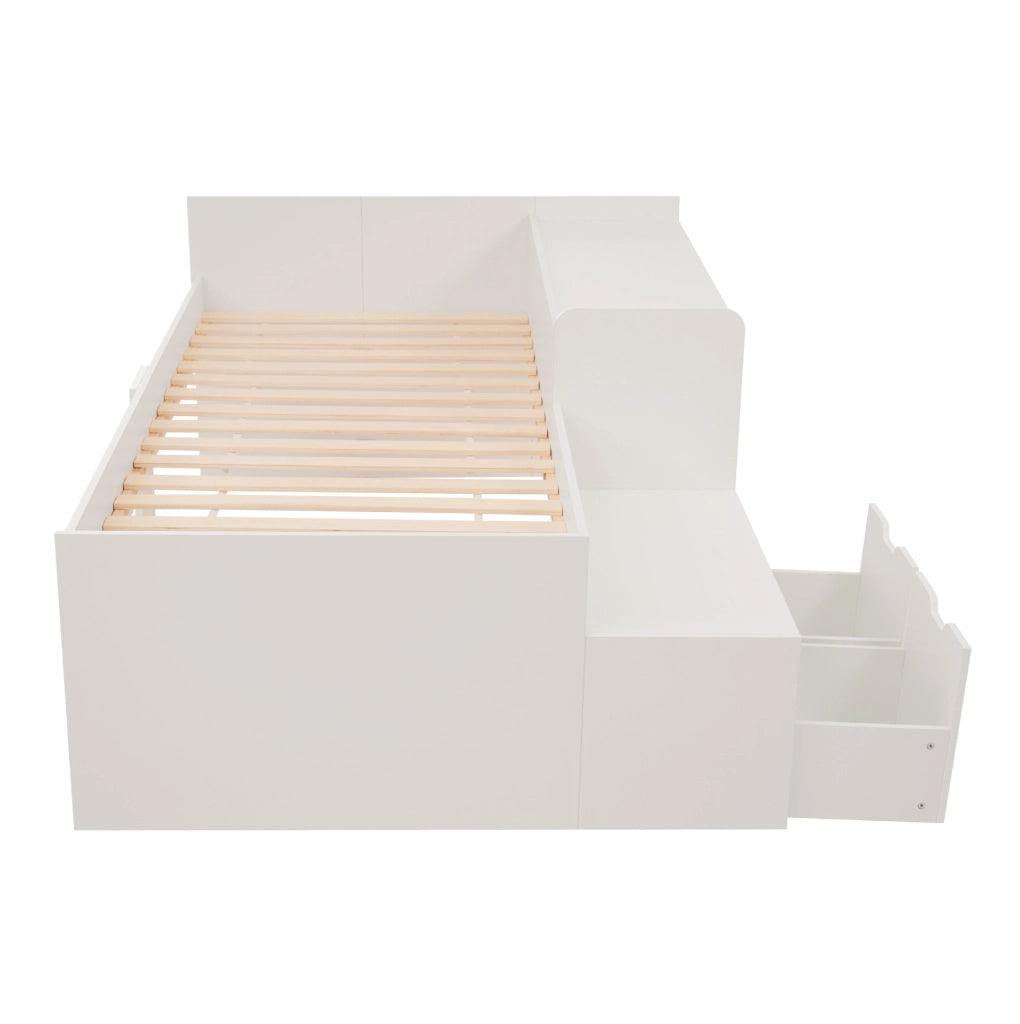 Lettino per bambini 90x200 cm con scrivania e 2 cassetti; in legno massiccio e MDF; bianco