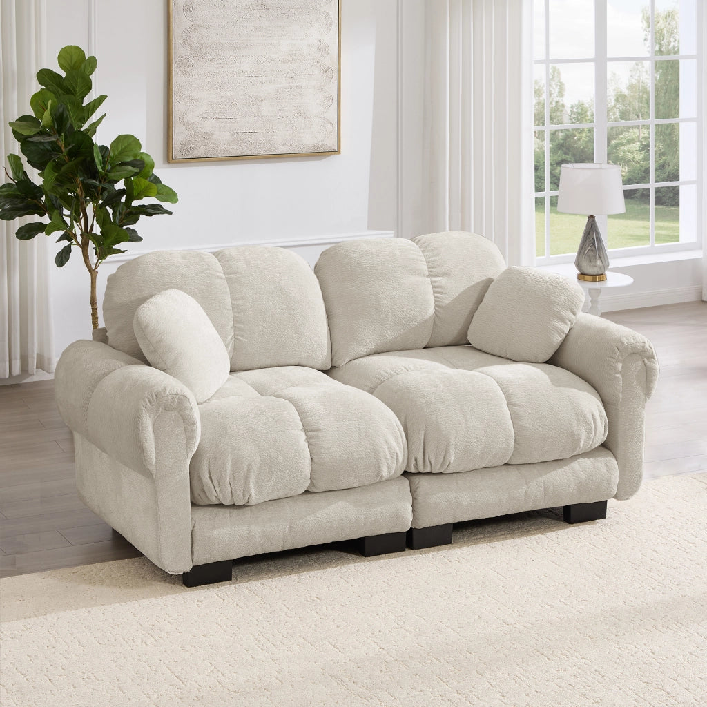 Divano dritto 2 posti modulare con cuscini trapuntati e cuscino lombare in Chenille, Beige chiaro