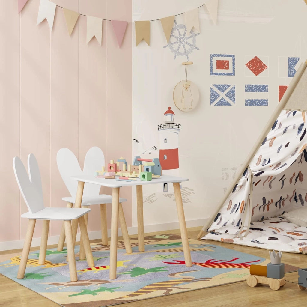 Tavolino e Sedie per Bambini con 2 Sedie, per Mangiare e Dipingere, Forma di Coniglio, Cameretta, Asili Nidi, in MDF e Legno Massello, Bianco e Venature Legno