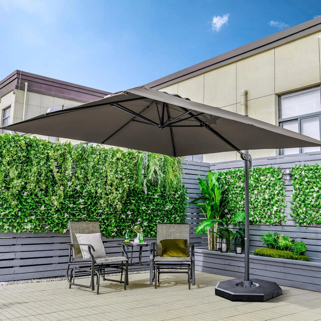 Ombrellone da Giardino 300 x 300cm | 3 Inclinazioni, Rotazione 360°, Manovella, 8 Stecche, Base Incrociata per Esterno (Grigio, 300 x 300 x 273 cm)