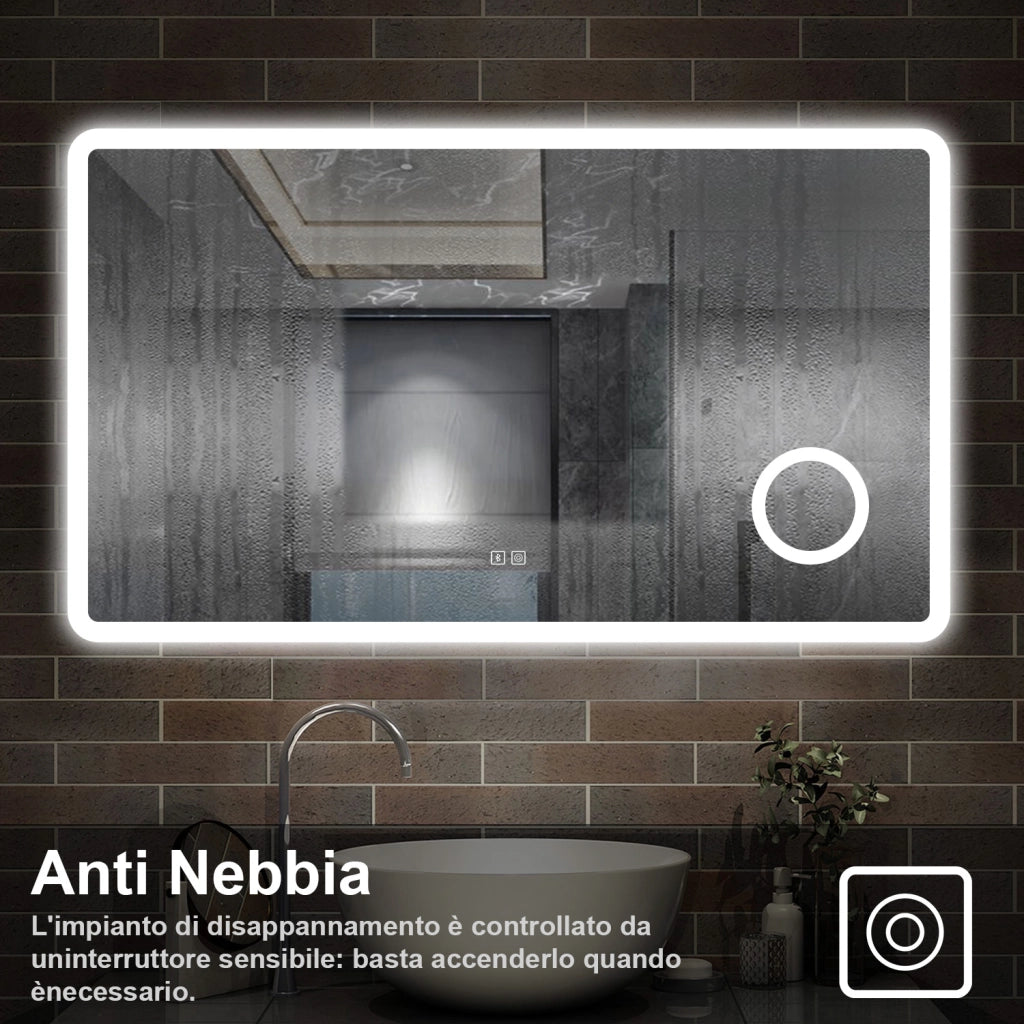 specchio rettangolare 100x60 cm con luce dimmerabile a 3 colori, bluetooth, antiappannamento e ingranditore 3x