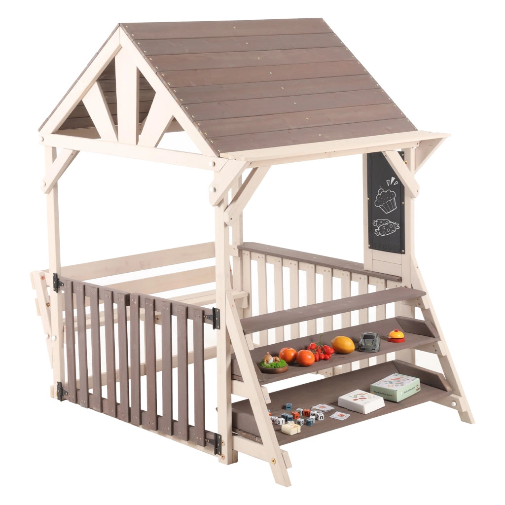 Cucina da gioco da esterno in legno a forma di casetta con tetto riparato dalla pioggia e scaffale 114 × 148 × 156 cm