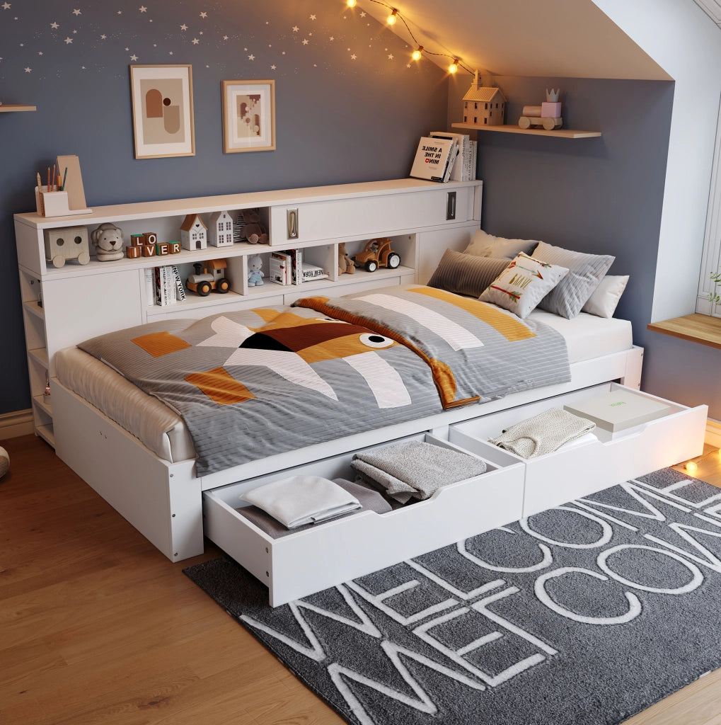 Letto multifunzione con cassetti e contenitori, 140x190 cm, bianco