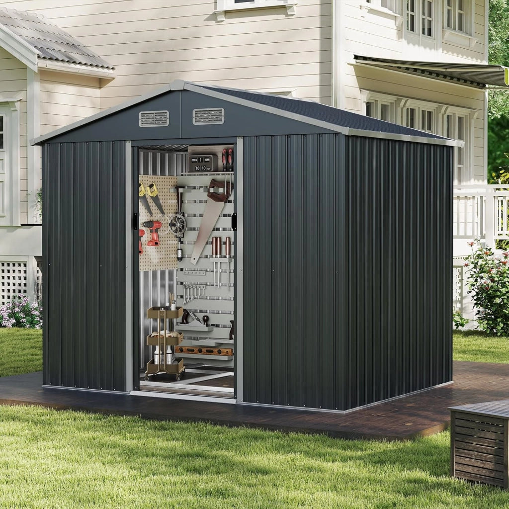 Casetta da Giardino 3,66㎡, Capanno da Esterno con Tetto Spiovente e Porte Scorrevoli, 4 Prese d'Aria e Base, in Metallo Zincato Resistente alle Intemperie, 235 x 171 x 196 cm