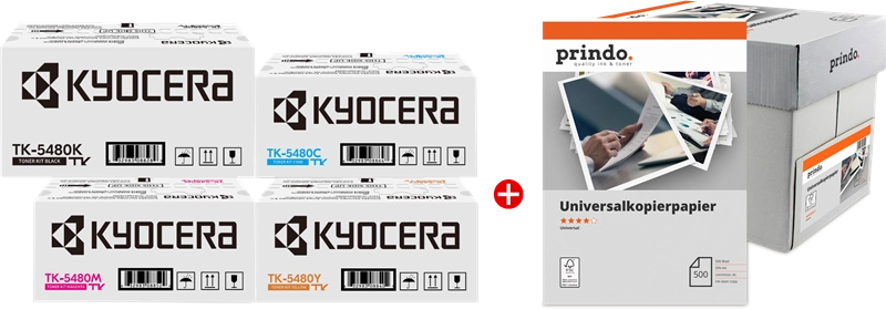 ORIGINAL Kyocera Value Pack nero / ciano / magenta / giallo / Bianco TK-5480 MCVP + Prindo Universal Papier 2500 Blatt ~5000 Seiten