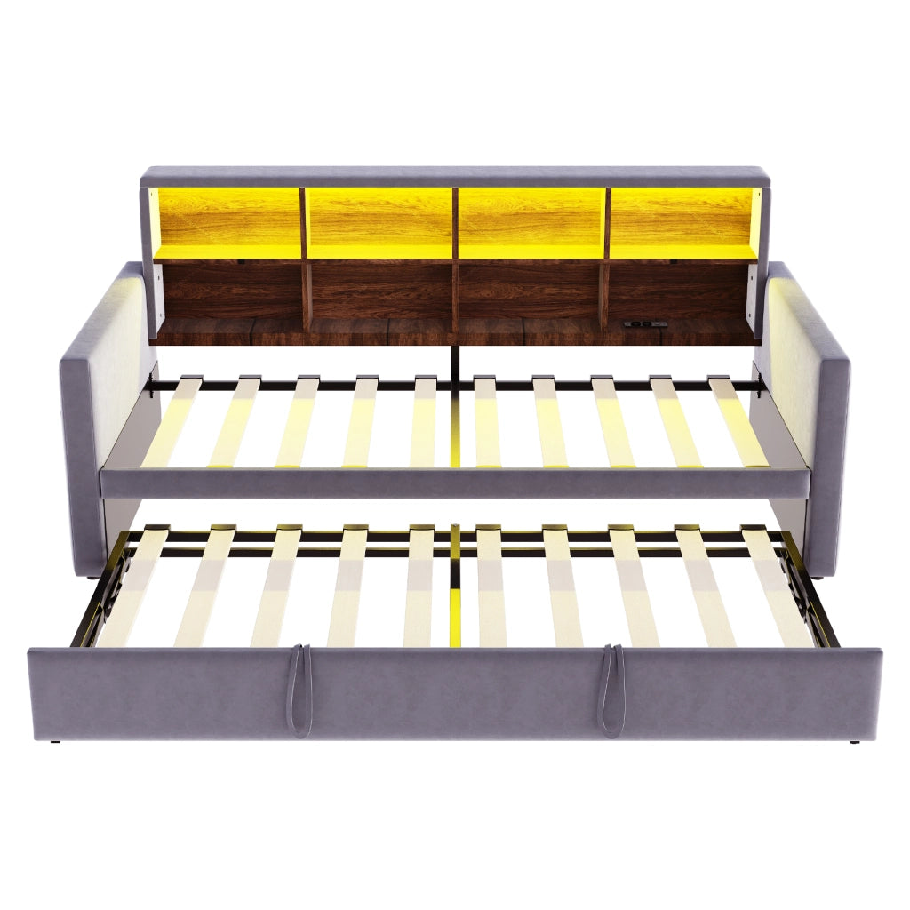 Letto imbottito 90x190 cm con letto estraibile, testiera con vani portaoggetti, LED e prese, velluto grigio scuro