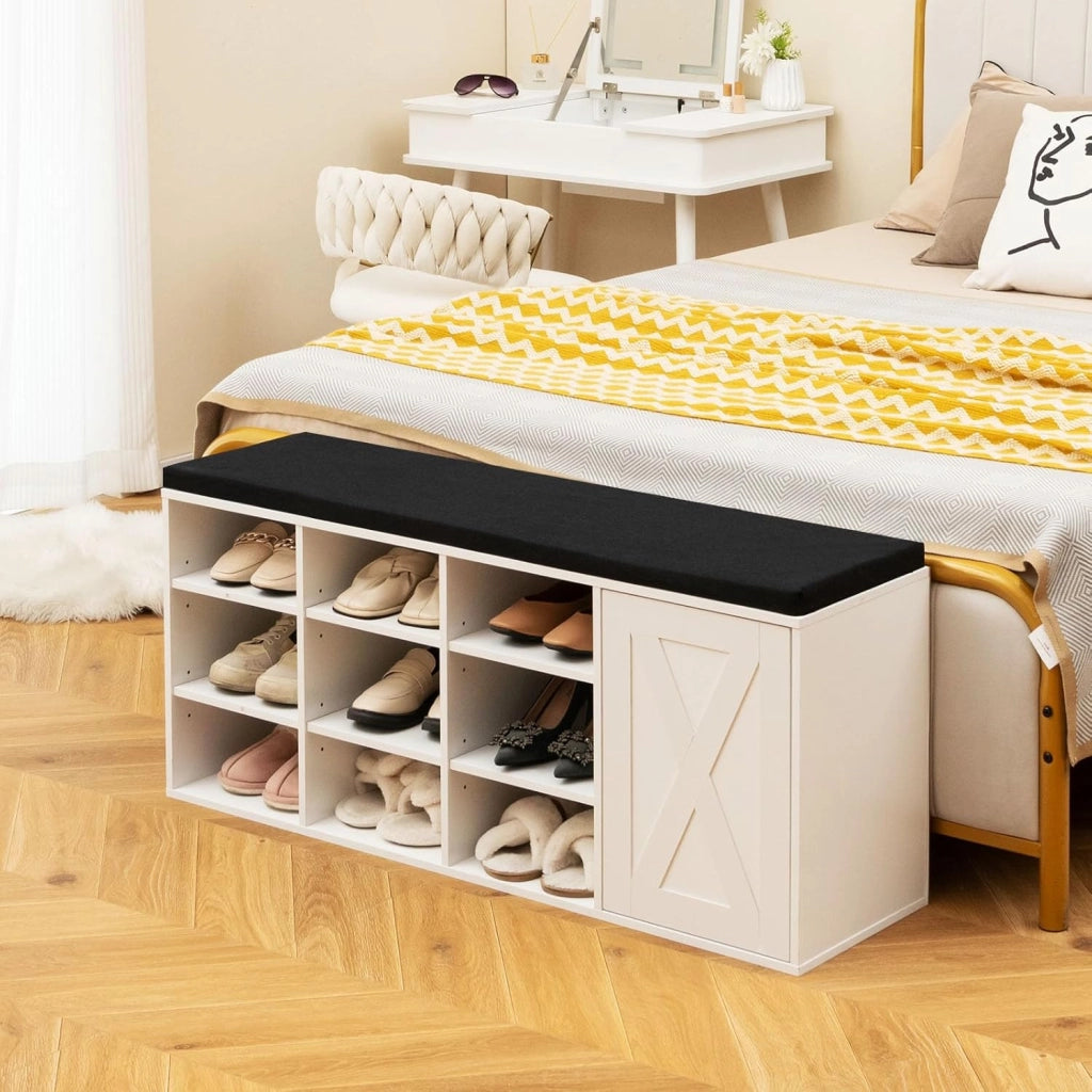 Panca Scarpiera da Ingresso, Scarpiera con Seduta Imbottito, 9 Scomparti e Armadio con Ante, Panca Contenitore con Ripiani Regolabili, per Camera da Letto Corridoio, 110,5x30x49 cm (Bianco)