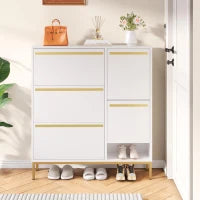 Scarpiera con sgabello per cambio scarpe, per corridoi e camere da letto, 105x25x115,5 cm, Bianco e Oro