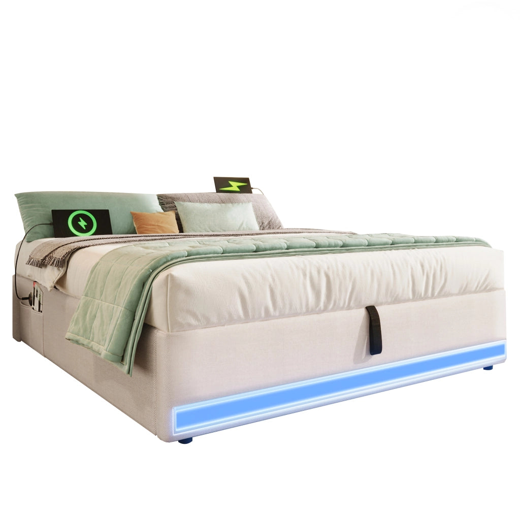 Letto Contenitore 140x200 cm con LED; USB; Type-C e Tasche Laterali in Lino Beige