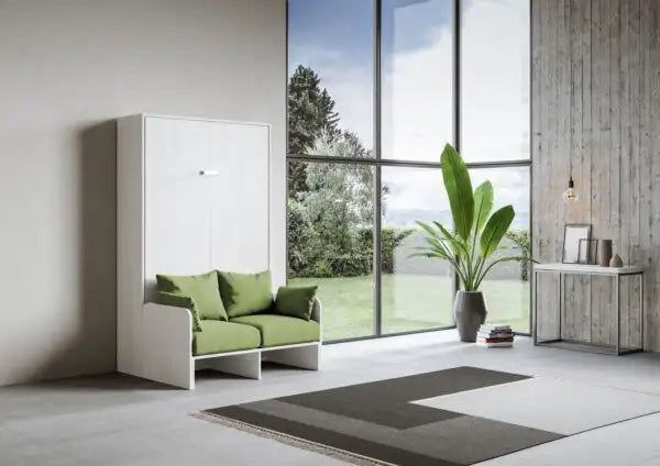 Letto matrimoniale francese a scomparsa 140 Kentaro con divano bianco frassino, verde