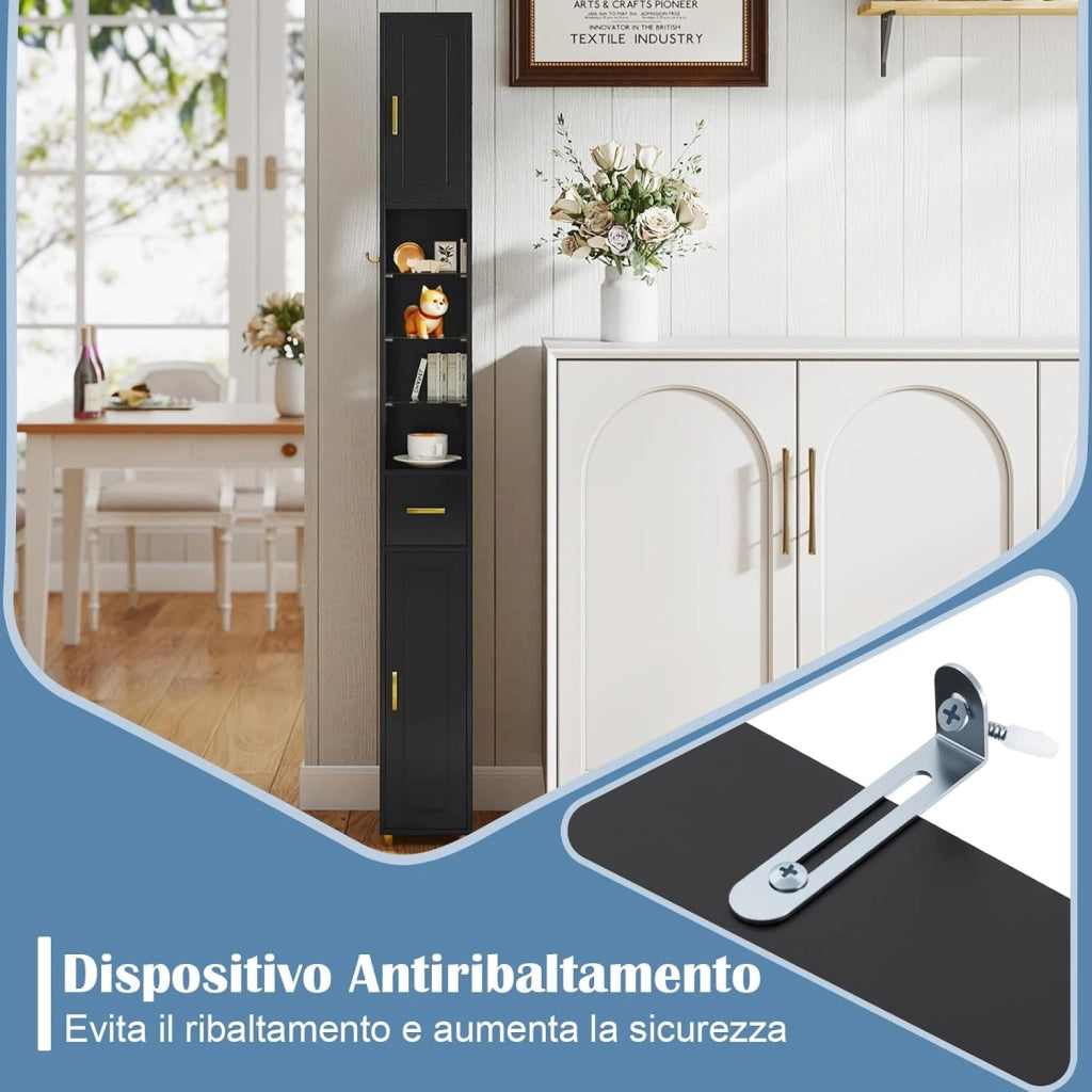 Mobile Bagno Salvaspazio con Luce, Colonna Bagno con Scomparti Aperti in Vetro, Ripiani Regolabili, 1 Cassetto e 1 Gancio Laterale per Spazi Ridotti 20 x 20 x 181 cm (4 Ripiani con Luce, Nero)