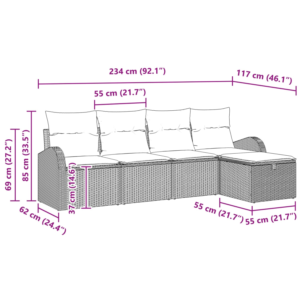 Set di divani da giardino da 5 pezzi con cuscini grigi in polyrattan