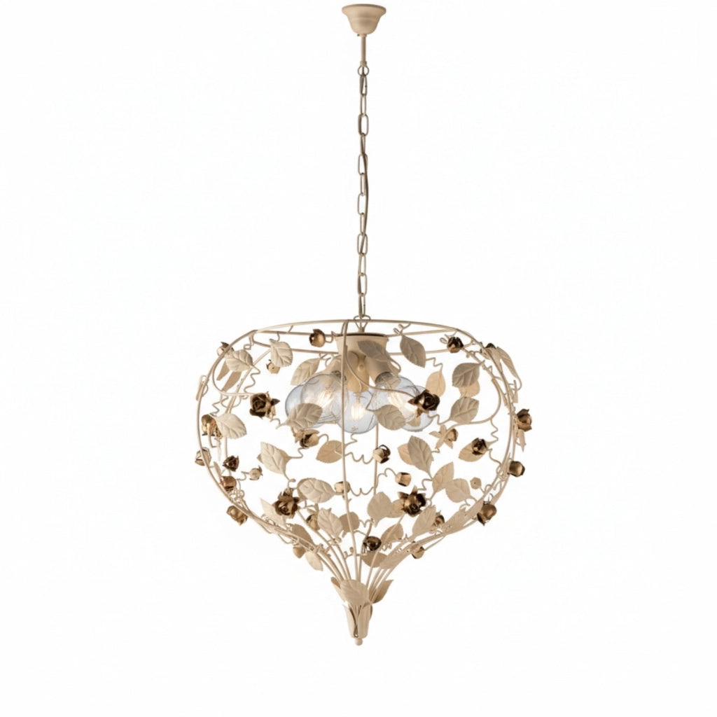 Lampadario Shabby Chic Bella Metallo Avorio Oro 5 Luci E27
