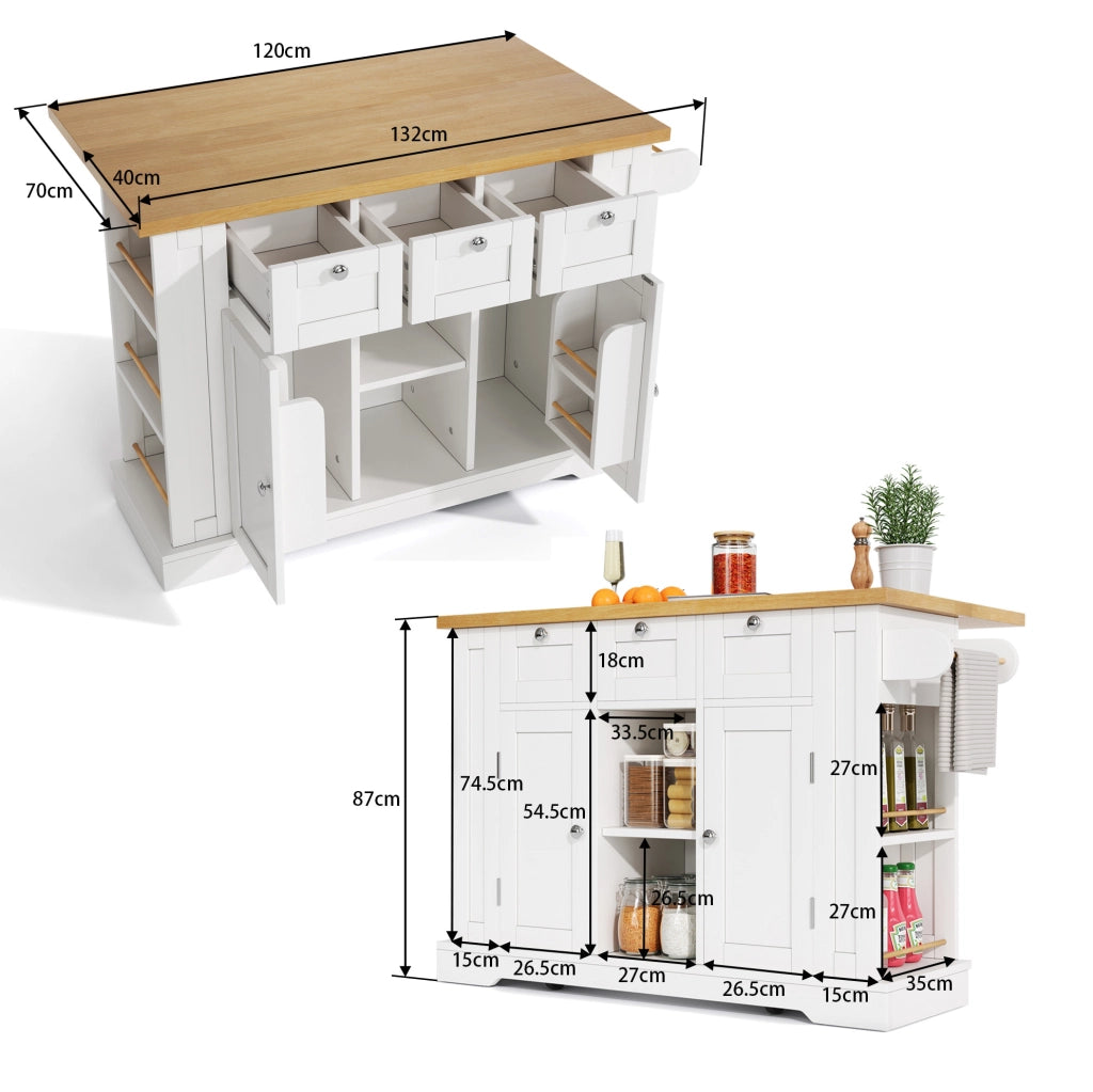 Isola cucina mobile con piano estensibile, cassetti, presa e ruote